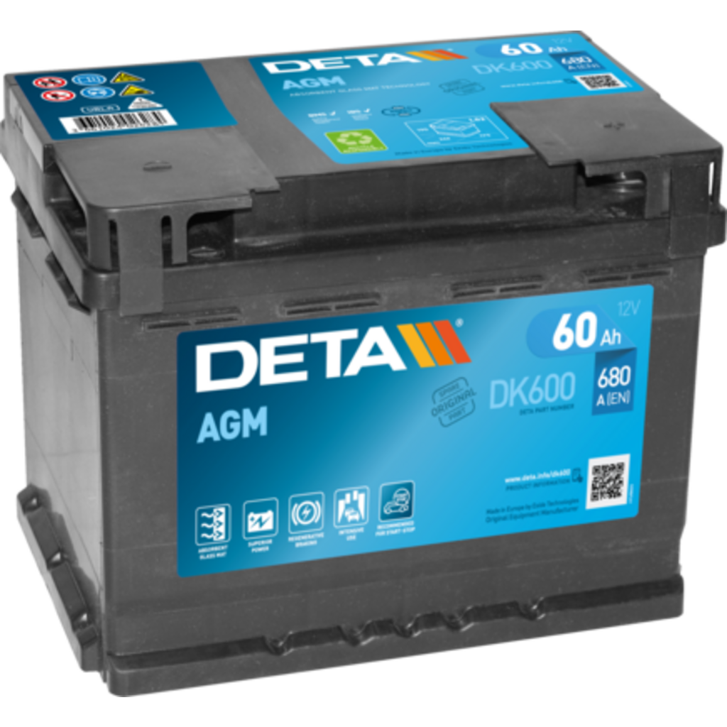 DK600_DETA Batería Deta DK600 Agm. Tecnología AGM. 12V - 60Ah/680A (EN) Caja L2