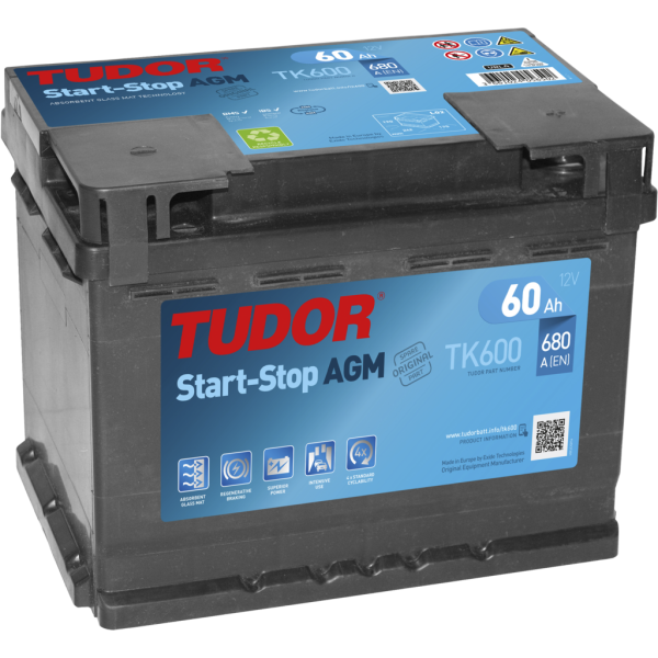 Batería Tudor TK600 Start-Stop Agm. Tecnología AGM. 12V - 60Ah/680A (EN) Caja L2