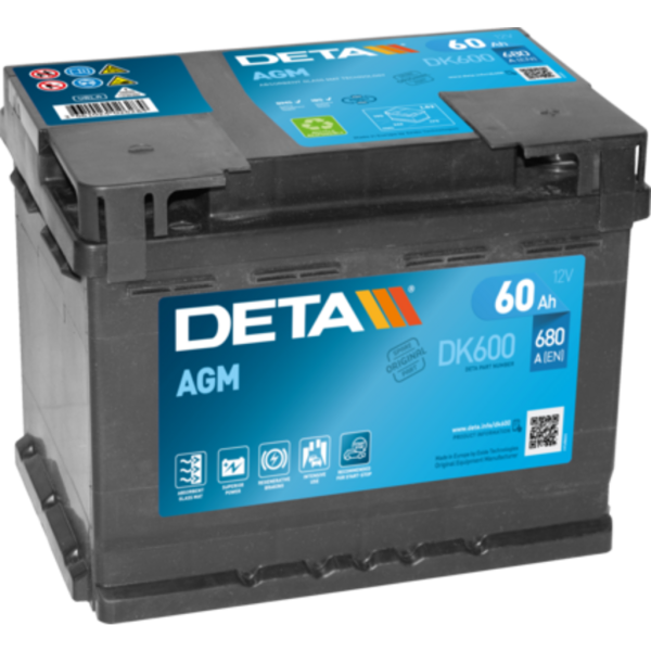Batería Deta DK600 Agm. Tecnología AGM. 12V - 60Ah/680A (EN) Caja L2