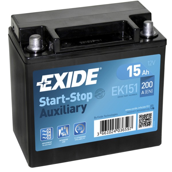 Batería Exide EK151 Baterias Auxiliares. Tecnología AGM. 12V - 15Ah/200A (EN) (150x90x145mm)