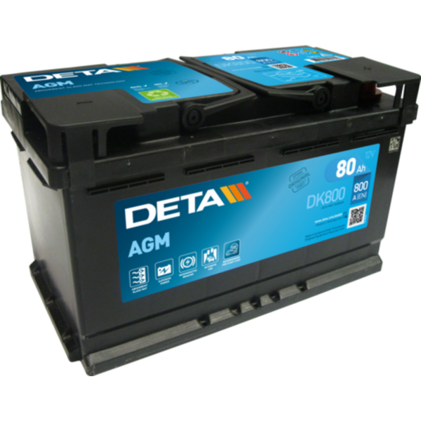 Batería Deta DK800 Agm. Tecnología AGM. 12V - 80Ah/800A (EN) Caja L4 (315x175x190mm)