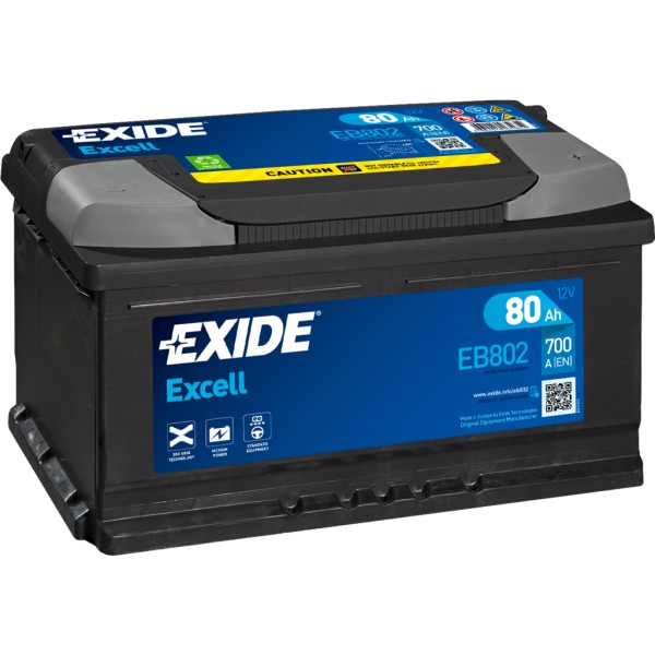 Batería Exide Excell EB802. 12V - 80Ah/700A (EN) Caja LB4 (315x175x175mm)