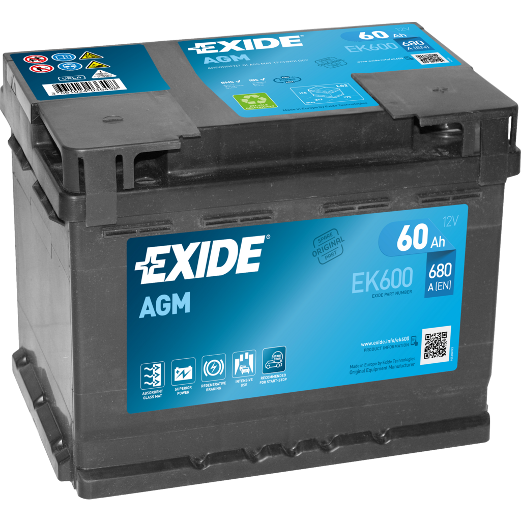 Batería Exide EK600 Agm. Tecnología AGM. 12V - 60Ah/680A (EN) Caja L2