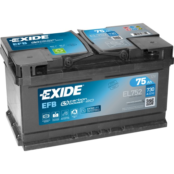 Batería Exide EL752 Efb. Tecnología EFB. 12V - 75Ah/730A (EN) Caja LB4 (315x175x175mm)