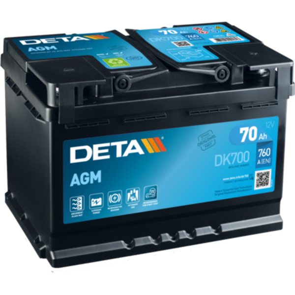 Batería Deta DK700 . Tecnología AGM. 12V - 70Ah/760A (EN) Caja L3 (278x175x190mm)