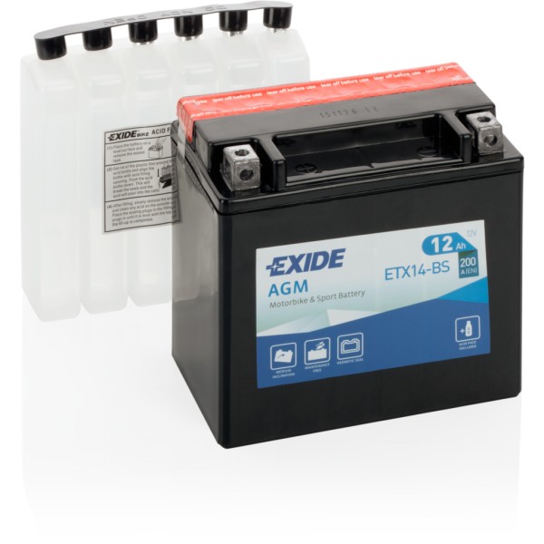 Batería Exide ETX14-BS Moto 12V Agm. Tecnología AGM. 12V - 12Ah/200A (EN) (150x90x145mm)