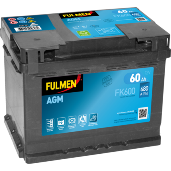 Batería Fulmen FK600 Start-Stop Agm. Tecnología AGM. 12V - 60Ah/680A (EN) Caja L2