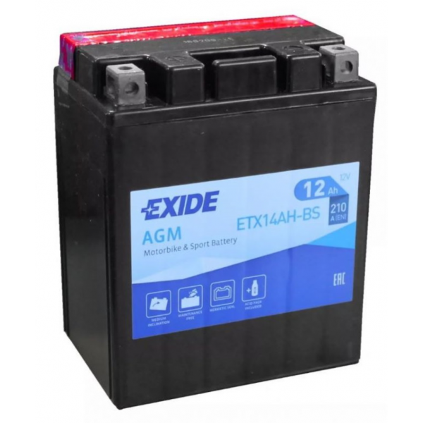 Batería Exide ETX14AH-BS Moto 12V Agm. 12V - 12Ah/210A (EN) (135x90x165mm)