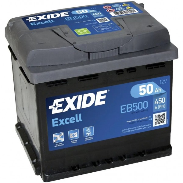 Batería Exide EB500 Excell. 12V - 50Ah/450A (EN) Caja L1 (207x175x190mm)