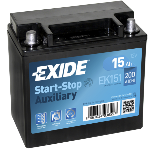 Batería Exide EK151 Baterias Auxiliares. Tecnología AGM. 12V - 15Ah/200A (EN) (150x90x145mm)
